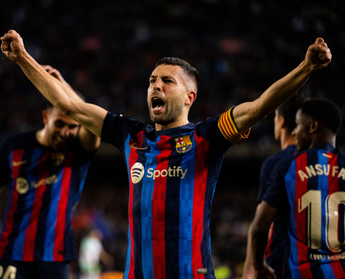 Label.Aria.Barcelonabadge Jordi Alba para retirar el jugador con la novena mayoría de las apariciones para el Barça para colgar botas al final de la temporada.